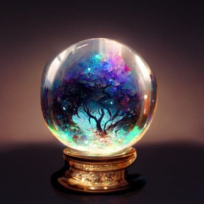Crystal ball with the tree of life inside. The tree of life has purple leafs.