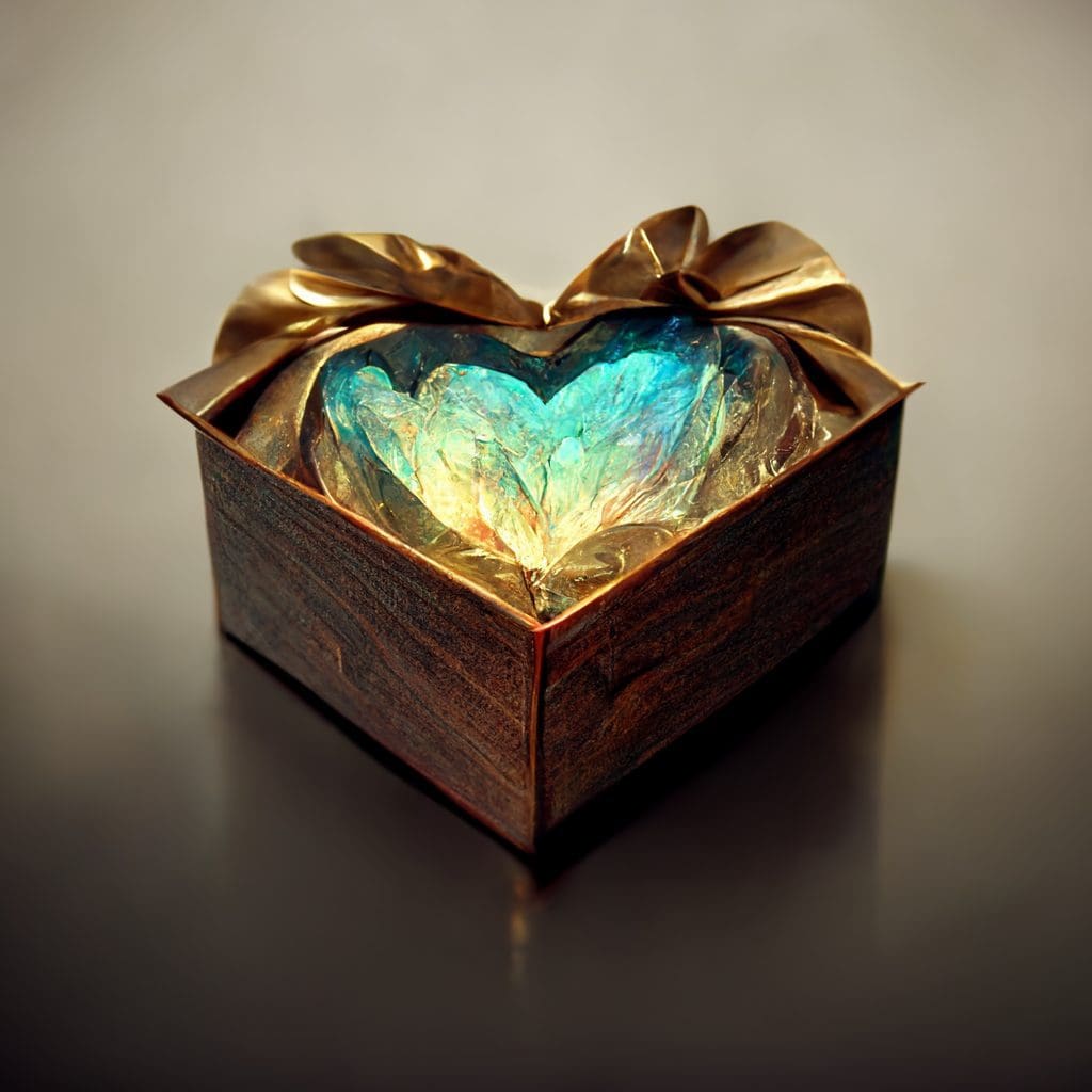 Gift box with a blue and gold crystal heart inside.